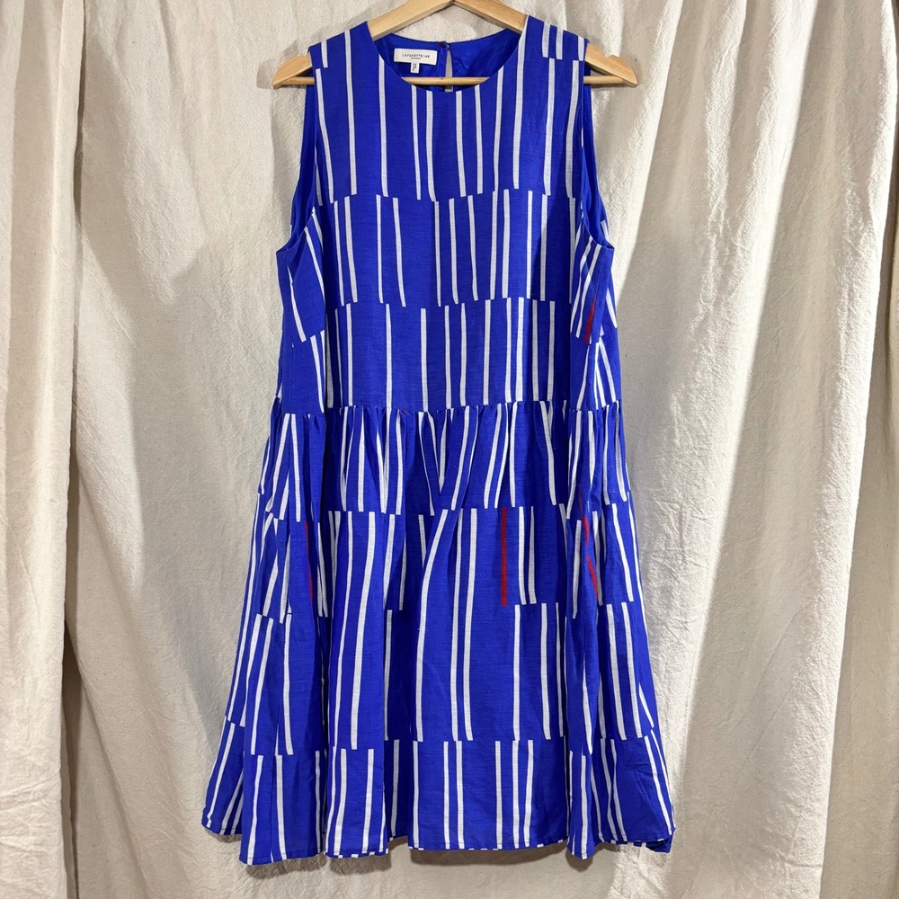 Lafayette 148 New York Blue White Striped Linen Blend Tiered Dress Large